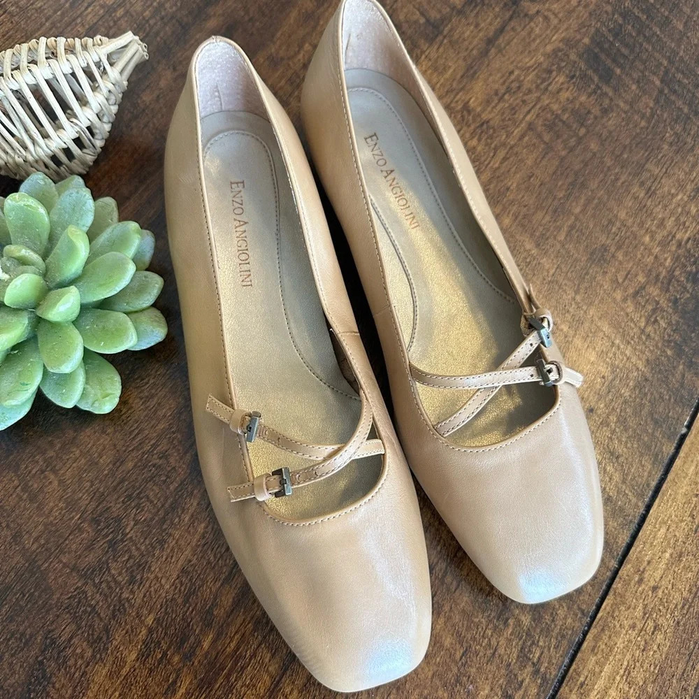 Enzo Angiolini | Natural Square Toe Ballet Flats with Crisscrossed Buckles